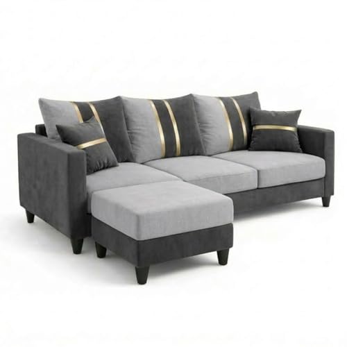 Image of Jester 4 Seater L Shape Sofa Set with Movable Ottoman | Flexible Left or Right Layout | Luxury Velvet Suede Fabric | Modern Living Room Sofa | Dark Grey-Light Grey
