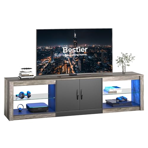 Bestier 70 Inch Led TV Stand for 75 Inch TV Large Entertainment Center Gaming with Adjustable Glass Shelves Two Cabinets Modern TV Console for Living Room 22 RGB Modes, Wash Gray 70 Inch Was