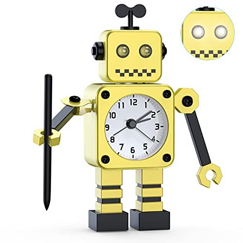 Reloj Despertador robótico, Reloj Despertador analógico, Reloj Despertador silencioso de Metal Inoxidable con Ojos Luminosos Intermitentes y Brazo Giratorio, Regalo para niños, niñas y niños
