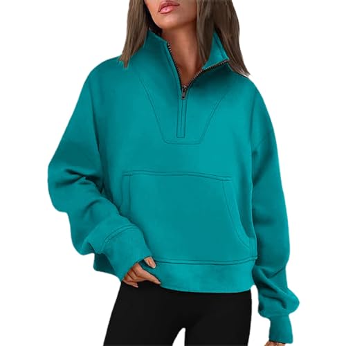 Sudadera con cuello alto y media cremallera para mujer, con bolsillos, para otoño e invierno, de moda, de manga larga, color liso, cálida, informal, holgada, A-verde menta, S