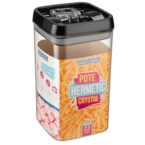 Pote Hermetic Crystal Incolor quadrado grande capacidade 2,3 litros com tampa color preta.