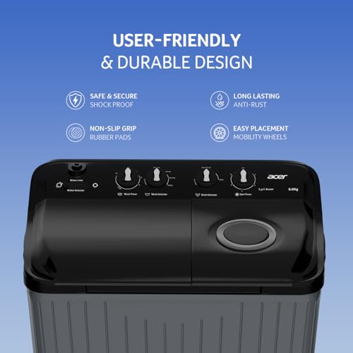 Image of Acer 8.0 Kg 5 Star Semi-Automatic Top Loading Washing Machine(AR80SAMBGL124D, Black-Grey, 4 Wash Programs, Hexa Flow Pulsator, Advanced Lint Filter)