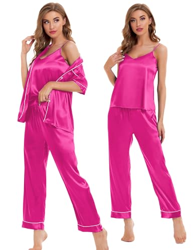 Image of SWOMOG Womens Silk Satin Pajamas Sets 4pcs Sleepwear Sexy Cami Shorts Set and Button Down Short Sleeve Pjs Loungewear