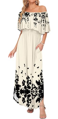 Image of AUSELILY Womens Off Shoulder Ruffle Split Summer Maxi Dresses with Pockets | Off-shoulder Ruffle dress with empire waist & side split for summer beach and casual parties