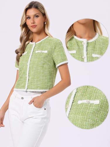 Image of Allegra K Short Sleeve Tweed Jacket for Women Summer Crew Neck Button Front Cropped Cardigan