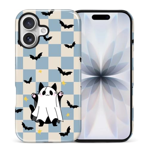 NONMY for iPhone 17 Case,Hybrid 2 Layer Hard Shell Silicone Protective Case - Blue Checkered Ghost Cat - Scratch Resistant Shockproof Cover