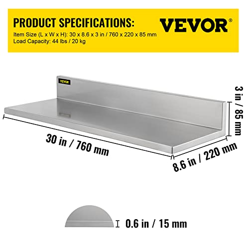 VEVOR Stainless Steel Shelf 8.6\" x 30\", 2PCS Wall Mounted Floating Shelving with Backsplash, 44 lbs Load Capacity Commercial Shelves, Heavy Duty Storage Rack, Restaurant Kitchen Bar Home Hotel