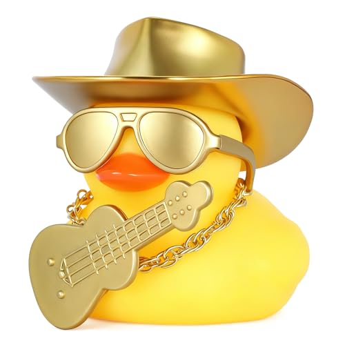 BOZILY Gold Rubber Duck Car Dashboard Decorations with Cowboy Hat & Guitar - Squishy Stress Relief Decor for Car Accessories, Office Desk, Home Decor