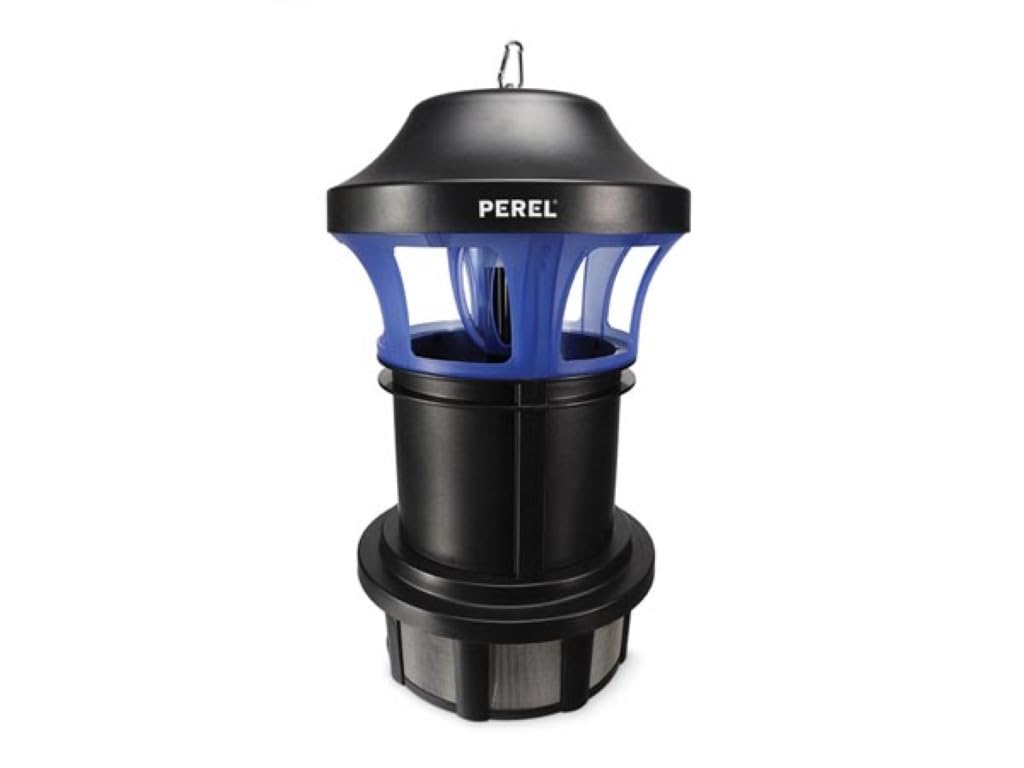 Perel LED UV Insektenvernichter mit Ventilator, 750 m² Reichweite, IPX4 wasserresistent, energiesparende LED-Technologie, mit herausnehmbarer Auffangschale und Aufhängebügel für den Außenbereich