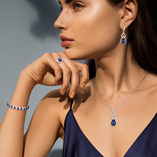 Mayfox Bridal Cubic Zirconia Open Ring Bracelet Necklace Dangle Earrings Set, Waterdrop Oval White Gold Plated Jewelry Gifts For Woman Girl Sapphire Blue_Silver Tone #TOP1