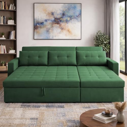Image of Emilio 4 Seater LHS L - Shape Pull-Out Sofa Cum Bed Sofa for Living Room (Green Fabric Color) Premium Fabric Sofa Set for Living Room Sofa Cum Bed