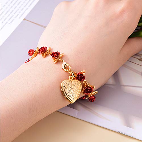 U7 Cute Rose Floral Chain Bracelet 18K Gold Plated Link 12 Fresh Red Roses Chain Bracelets With Heart Locket That Holds Picture Photo, Valentines Gift For Women Girls, 7.5 Inch #TOP6