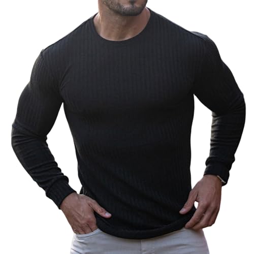Men's Long Sleeve Shirts Ribbed Pullover Sweater Muscle T-Shirt Slim Fit Thermal Tops Crew Neck Stretchy Undershirts