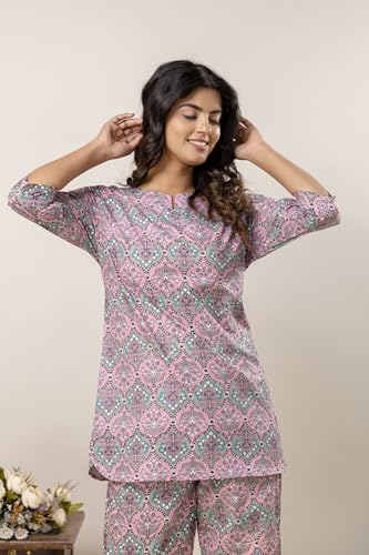 Image of Pure Cotton Printed Night Suit Top and Pyjama Set for Women's Night Dress of Shirt & Pyjama Set for Womens