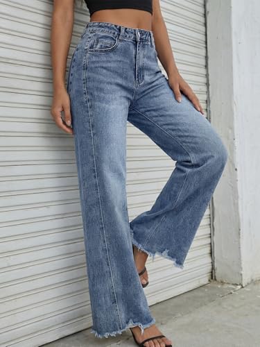 Trendy Queen Women's Wide Leg Jeans Stretchy High Waisted Straight Leg with Raw Hem Baggy Denim Pants Blue 18 — view 6
