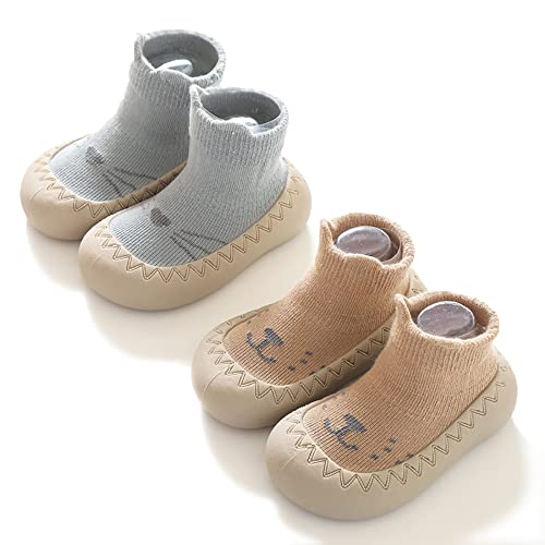 HOVELL 2 pairs Toddler Non-Skid Socks Shoes Baby Boys Girls Rubber Sole Indoor First Walking Slippers(Blue Brown,Medium,18-24M)