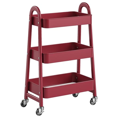 Image of OLIXIS Metal 3 Tiers Utility Rolling Cart, Mobile Storage Shelf with Lockable Caster Wheels, Organization for Livingroom, Bathroom & Narrow Places, Red