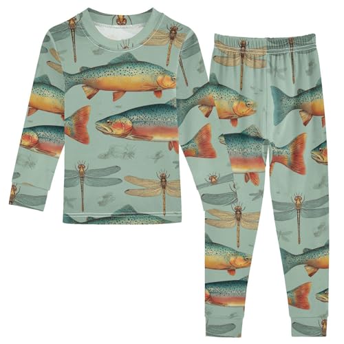 Pajama Sets Long Sleeve Fish and Dragonfly Pattern Soft Comfy Sleepwear 2 Piece PJS 3-8T
