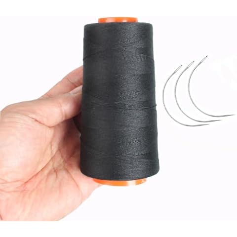 Thread for Hair Extensions, Black Weaving Thread Polyester Thread with 3 Pcs Curved Needles Using for Hand Sewing, Hair Extensions, Wig Making, Modelling Crafts Cover
