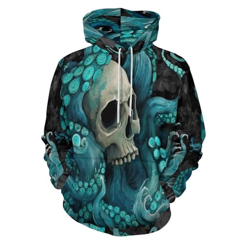 Sweat à capuche crâne 3D turquoise pour homme avec poche kangourou
