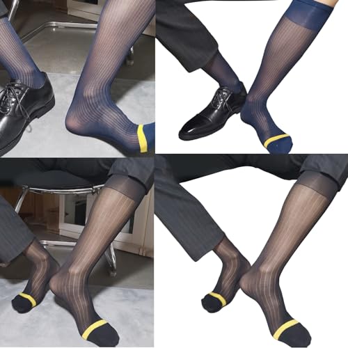 Mens Nylon Sheer Fine Striped Dress Socks Business Socks High Elastic See Through Elegant Formal Dress Tube Stockings2