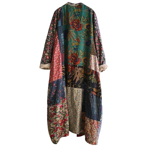LUZU JUNU Women's Trench Coat Floral Print Long Cotton Linen Jacke Cottagecore Clothing Patchwork Outwear Bohemian unique3