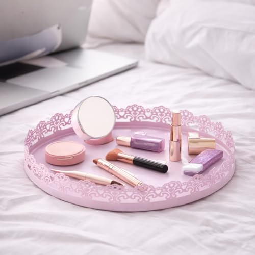 Image of Gold Finish Decorative Metal Tray | Multipurpose Serving & Vanity Tray | Premium Cutwork Design | Home Decor Organizer | 28 x 4 cm (Baby Pink)
