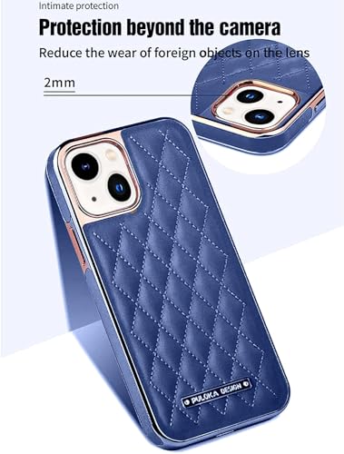 Image of PULOKA iPhone 14 Vegan Leather Back Cover Royal Diamond Pattern with Electroplated Case Compatible for Apple iPhone 14 6.1 inchinch - Blue