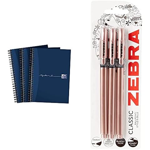Oxford A5 Card Cover Wirebound Notebook/Ruled with Margin and Perforated (Pack of 3) & Zebra Classic Rose Gold Ballpoint Pens, Black Ink, Pack of 3 Cover