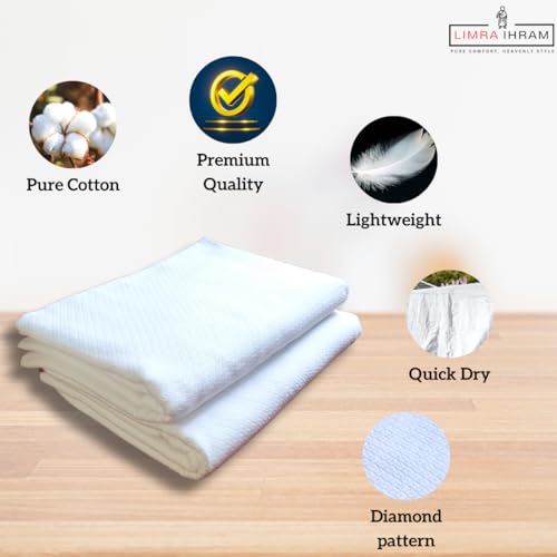 Image of LIMRA Premium Men's White Cotton Ihram Set for Hajj and Umrah | 2-Piece Quality Cloth | Free Size 46 inch X 92 inch - Divine Comfort! (Diamond)