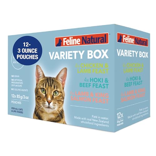 Feline Natural New Zealand Pt Wet Cat Food Pouch High-Meat Low-Carb & Grain Free Cat Food Wet Variety Pack 3 oz 12 Pouches