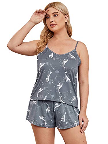 Floerns Women s Plus Size Whale Print Cami Top and Shorts Pajama Sets Grey 1XL
