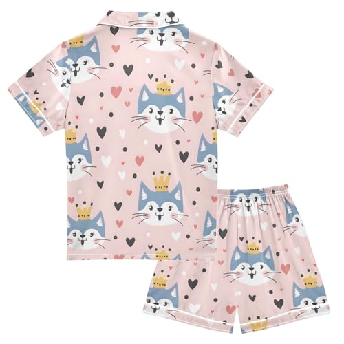 ALAZA Cat Polka Dot Heart Cartoon Pajamas Satin Pajama Set Short Sleeve Button Down Sleepwear2