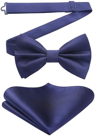 HISDERN Men's Solid Color Pre-tied Bow Tie Adjustable Tuxedo Two Layer Bow Tie and Pocket Square Set with Gift Box