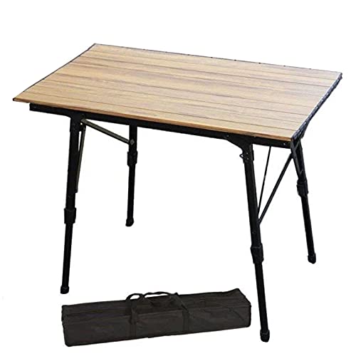 Klappbarer Aluminium-Campingtisch, tragbarer Picknick-Klapptisch, obere Netzschicht, mit höhenverstellbaren Beinen, aufrollbarer Tisch, für Picknick-Garten-Camping (90 x 52 x 45-65 cm), Woodcolor Cover