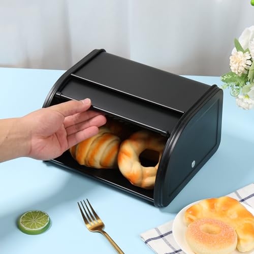LuLobtg Bread Bin with Roll Up Front Lid Countertop 25.5x21x14cm Retro Small Bread Box Kitchen Food Storage Bread Container for Homemade Bread, Toast, Bagel Dry Food Fruits (Black)