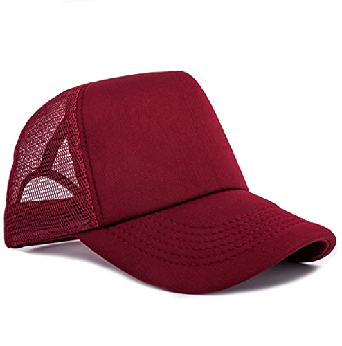 MONOFARBE Classic Mesh Back Baseball Cap High Crown Foam Trucker Hat 5 Panel Snapback Summer Plain Skateboard Hat Blank Surf Hat (Burgundy)