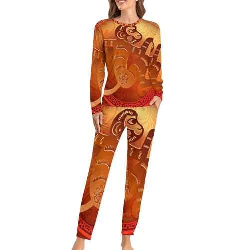 Pyjama femme Singe Rouge sleepwear avec t-shirt manches longues et pantalon de nuit