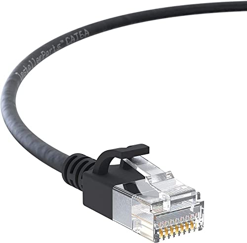 InstallerParts Ethernet Cable CAT6A Slim Cable UTP Booted 1 FT - Black - Professional Series - 10Gigabit/Sec Network/High Speed Internet Cable, 550MHZ, 28AWG