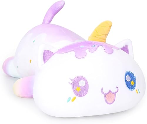 AIXINI Bonita almohada de felpa de gato de 13.7 pulgadas, animal de peluche suave de gatito con cono de helado, regalo para niños