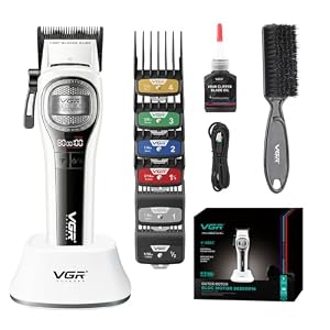 VGR 888C Haarschneidemaschine Profi Drahtlos, Clipper Haarschneider mit Außenläufer BLDC Motor, Profi Haarschneidemaschine mit Turbolader, Hair Clipper mit Beleuchtung, Ladestation, LED-Display, Weiß