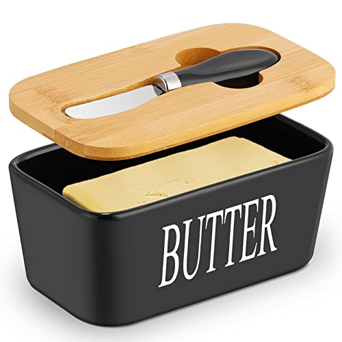 Hossejoy Large Butter Dish with Lid and Knife, European Size Porcelain Butter Container Designed with Double Silicone Seals, Ceramic Butter Box, Perfect for Butter, Nuts, Cheese, 650ml (Black)
