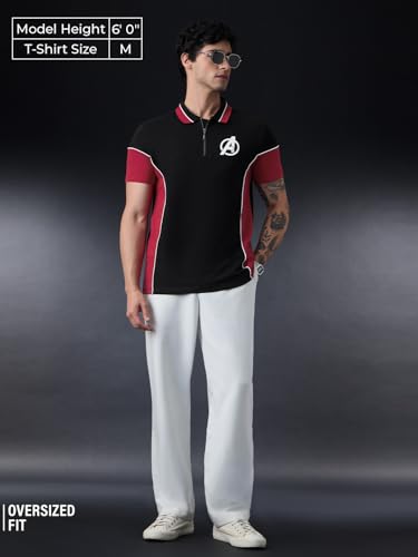 Image of The Souled Store Official Avengers Suit Men and Boys Regular Fit Half Sleeves Graphic Printed Cotton Black Color Zipper Polo T-Shirt (220355)