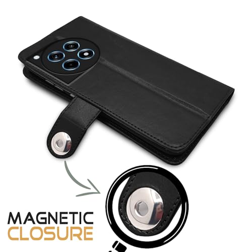 Image of Pikkme OnePlus 12R 5G Flip Cover Leather Finish | Inside TPU with Card Pockets | Wallet Stand and Shock Proof | Complete Protection Button Flip Case (Black)