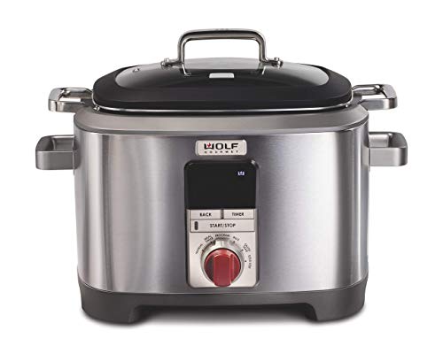 Wolf Gourmet WGSC100S Programmable Multi Function Cooker with Temperature Probe - Slow Cooker, Rice Cooker, Sauté, Sear, Sous Vide, Stainless Steel with Grey Knob (Red Knob) (Renewed)