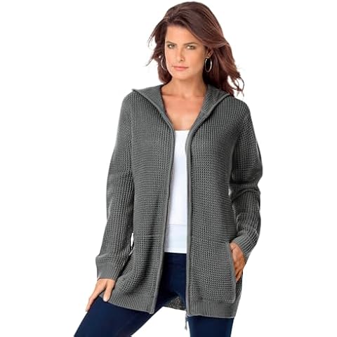 Roaman's Women's Plus Size Thermal Waffle Hoodie Zip Up Cardigan Jacket - 5X, Medium Heather Grey Cover