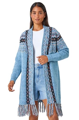 Roman Originals Women Cardigan - Ladies Longline Coatigan Tassel Open Front Cardi Winter Autumn Casual Textured Edge to Edge Yarn Patterned Comfy Work Going Out - Light Blue - Size 16