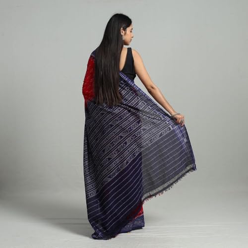 Image of ODISHAHANDLOOM Sambalpuri Pure Cotton Handloom Saree, Traditional Ikat Pattern, Red and Green, Without Blouse