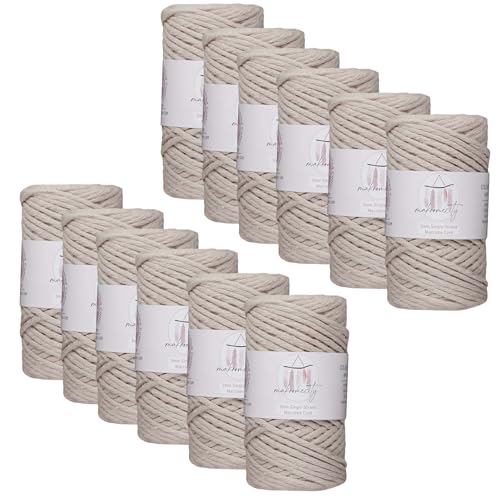 Makromecity, 12 Skeins of Single Strand Macrame Cord 3 mm x 100 Yards (300 feet) 3mm Single Strand Natural Cotton Cord for Macrame Art & Crafts for Wall Hangings Recycled Cotton (Latte, 12 Skeins)
