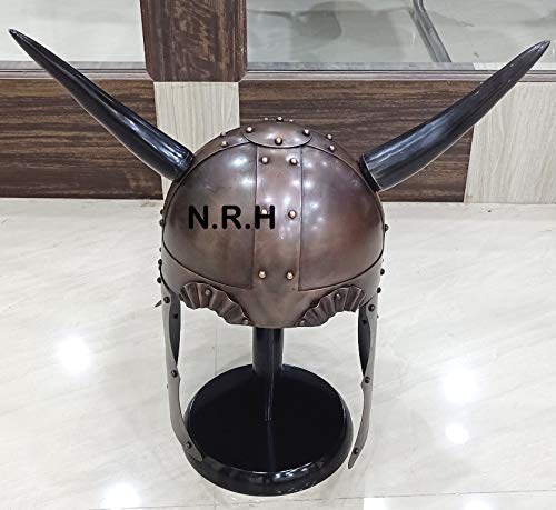 Medieval Armour Viking Helmet Horn & Display with Wooden Stand Reenactment Antique Knight Halloween Costume